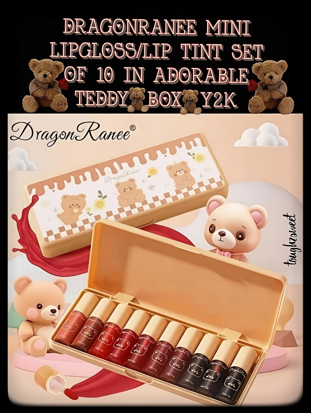 🆕️DRAGONRANEE MINI LIPGLOSS/LIP TINT SET OF 10 IN ADORABLE 🧸TEDDY🧸BOX *Y2K*